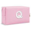 ChaoGreat Bride Gifts – Personalized Initial Makeup Bag with Pearl Rhinestone Patch, Preppy Pink Monogram Cosmetic/Toiletry Pouch, bridesmaid Gifts, Bridal Shower Gifts, Wedding Gifts, Bridal Gifts,Q