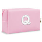 ChaoGreat Bride Gifts – Personalized Initial Makeup Bag with Pearl Rhinestone Patch, Preppy Pink Monogram Cosmetic/Toiletry Pouch, bridesmaid Gifts, Bridal Shower Gifts, Wedding Gifts, Bridal Gifts,Q