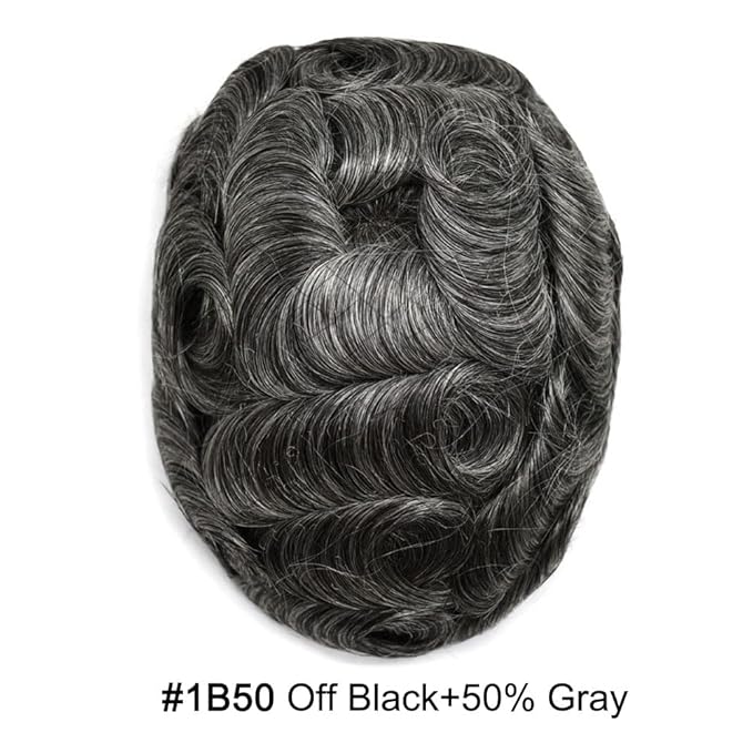FACE MIRACLE Toupee for Men French Lace Hairpiece Human Hair Replacement System Skin PU Mens Toupee Hair Wigs for Man V-Looped Front Hair Prosthesis 8"X10" #1B50 1B# OFF BLACK WITH 50% SYNTHETIC GREY