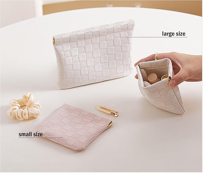 Leather Pocket Cosmetic Bag for Purse,Coin Purse Lipstick Cosmetic Accessories Organizer, Travel Kit Storage Pouch,Waterproof Portable No Zipper Self-closing (Pink+White/Small)