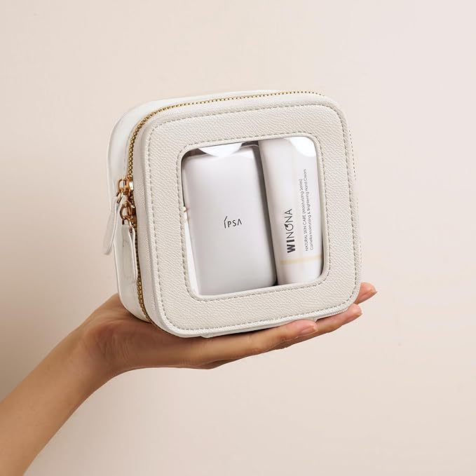 Mini Cosmetic Bag Clear Makeup Bag Small Travel Toiletry Bag with Zipper, Cute Car Cosmetic Case Transparent Makeup Pouch for Purse (White)