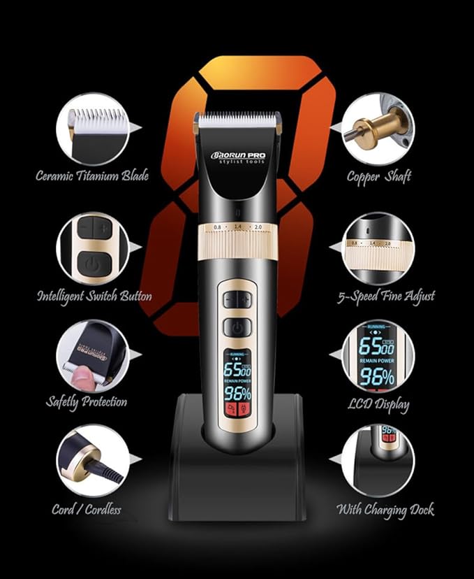 Maxshop Cordless Hair Clippers for Men Kids Grooming Hair Cutting & Trimming Kit with Guide Combs Charging Dock (Gold)