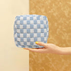 Small Blue Makeup Bag for Purse, Mini Checkered Cosmetic Bag Zipper Cute Make Up Pouch Travel Toiletry Case Quilted Aesthetic Accessories Makeup Storage Bag Organizer for Women Girls