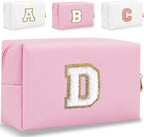 Small Personalized Letter Makeup Bag, Cute PU Leather Chenille Letters Cosmetic Bag Travel Makeup Pouch, Preppy Travel Organizer Zipper Pouch for Women&Girls（Pink-D）