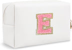 Personalized Chenille Letter Preppy Makeup Bag, Small White Travel Cosmetic Bag Initial Toiletry Zipper Pouch Monogram Makeup Storage, Waterproof Makeup Case Travel Essentials for Women Her(Letter E)