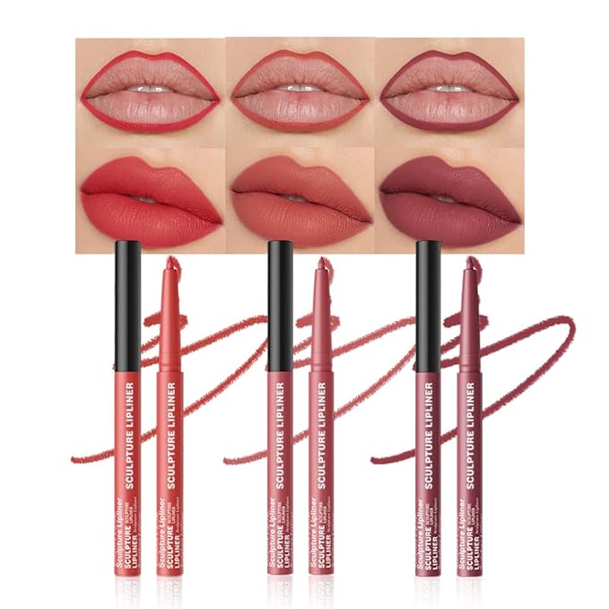 Matte Lip Liner Pencil Set, 12 Colors, Waterproof, Smudge-Proof, Long-Lasting, Semi-Glossy Finish for Defining, Contouring (3#, 3Count (Pack of 1))