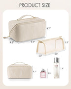 Vlando Makeup Bag,Large Capacity Toiletry Bag for Women Waterproof Portable Make up Pouch PU Leather Open Flat Cosmetic Bag(Cream White)