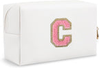 Personalized Initial Preppy Makeup Bag, Small Cute White Toiletry Pouch Monogram Cosmetic Travel Organizer with Zipper, PU Waterproof Glitter Make Up Storage Gift for Coworker Teacher Her(Letter C)
