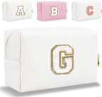 Small Personalized Letter Makeup Bag, Cute PU Leather Chenille Letters Cosmetic Bag Travel Makeup Pouch, Preppy Travel Organizer Zipper Pouch for Women&Girls（White-G）