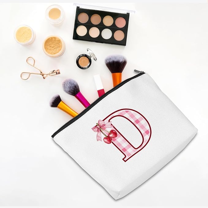 Initial Makeup Bag Monogram Cosmetic Bag Monogrammed Gifts for Women Girls Friends Coworker Bestie Personalized Travel Toiletry Bag Christmas Bridal Shower Wedding Bridesmaid Gifts, Cherry D