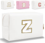 Small Personalized Letter Makeup Bag, Cute PU Leather Chenille Letters Cosmetic Bag Travel Makeup Pouch, Preppy Travel Organizer Zipper Pouch for Women&Girls（White-Z）