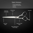Left Handed Set of Hair Cutting Shears - Saki Kotaro - Made from Japanese 440C Steel - 6 Inch Set Includes Left Hair Scissors, Left Thinning Shears, Razor and Leather Shears Case