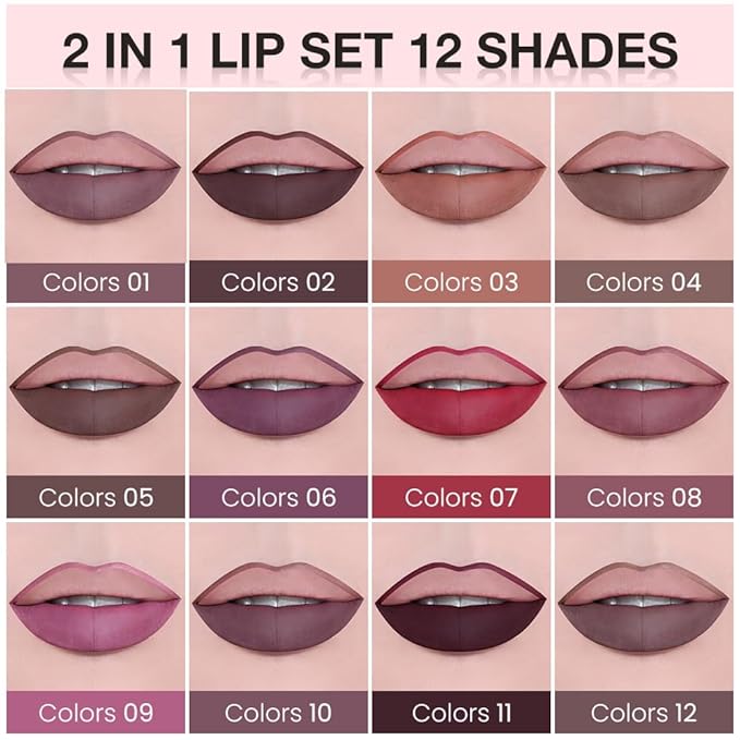 AMY'S DIARY 2pcs Matte Dark Red Lip Liner & Lipstick Makeup Set, Liquid Lipstick 24H and Lip Liner Set Matt Liquid Lips Make Up Waterproof Long Lasting (10#, 2 Pcs Set)