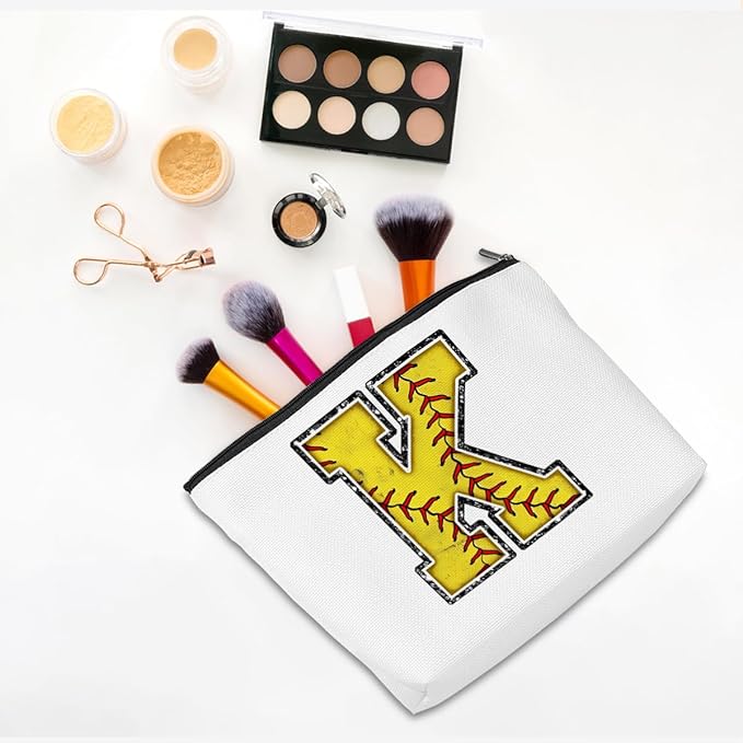 Initial Makeup Bag Monogrammed Cosmetic Bag Yellow Letter K Zipper Pouch Softball Accessories for Girls Women Player Coach Friend Graduation Birthday Gifts