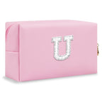 ChaoGreat Bride Gifts – Personalized Initial Makeup Bag with Pearl Rhinestone Patch, Preppy Pink Monogram Cosmetic/Toiletry Pouch, bridesmaid Gifts, Bridal Shower Gifts, Wedding Gifts, Bridal Gifts,U