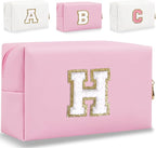 Small Personalized Letter Makeup Bag, Cute PU Leather Chenille Letters Cosmetic Bag Travel Makeup Pouch, Preppy Travel Organizer Zipper Pouch for Women&Girls（Pink-H）