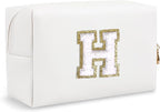 Personalized Chenille Letter Preppy Makeup Bag, Small White Travel Cosmetic Bag Initial Toiletry Zipper Pouch Monogram Makeup Storage, Waterproof Makeup Storage Travel Essentials for Women(Letter H)