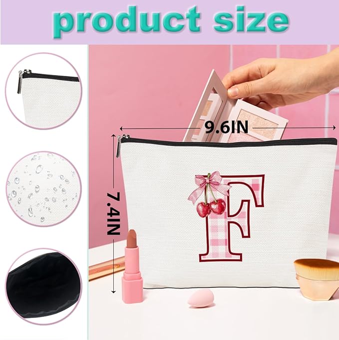 Initial Makeup Bag Monogram Cosmetic Bag Monogrammed Gifts for Women Girls Best Friends Coworker Personalized Travel Toiletry Bag Christmas Bridal Shower Wedding Bridesmaid Gifts, Cherry F