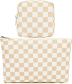 Checkered Makeup Bag, Travel Cosmetic Bag Organizer Toiletry Bag Make Up Bags with Zipper & Compartments for Women Girls, 2PCS