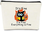Funny Cute Cat Makeup Bag,Its Fine Im Fine Everythings Fine,Black Cat Cosmetic Bag,Fire Keep Calm Small Pouch,Birthday Gift,Coworker Gifts,Cat Lover Gifts for Women
