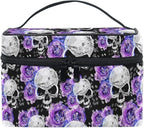 Skull Makeup Bag Purple, Flowers and Skull Gothic Makeup Organizer Bags Toiletry Bag Box Travel Cosmetic Bag Make Up Train Case for Women Teen Girl Ladies