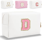 Small Personalized Letter Makeup Bag, Cute PU Leather Chenille Letters Cosmetic Bag Travel Makeup Pouch, Preppy Travel Organizer Zipper Pouch for Women&Girls（WhitePink-D）