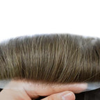 Mens Toupee Human Hair Piece French Lace Toupee for Man Hair System Indian Human Hair Replacement Systems V-Looped PU Front Hairpieces 7"X9" #410 Medium Brown with 10% Gray