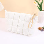 Puffer Quilted Makeup Bag Travel Cosmetic Bag Portable Puffy Checkered Toiletry Pouch Skincare Organizer Purse Pencil Case (White)