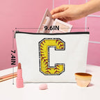 Initial Makeup Bag Monogrammed Cosmetic Bag Yellow Letter C Zipper Pouch Softball Accessories for Girls Women Player Coach Bestie Stuff Graduation Birthday Gifts