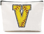Initial Makeup Bag Monogrammed Cosmetic Bag Letter V Zipper Pouch Softball Accessories for Girls Women Player Coach Friend Graduation Birthday Gifts