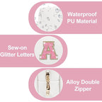 Small Initial Patch Makeup Bag Personalized Gifts Make Up Bag,White Cute PU Leather Glitter Letter Cosmetic Bag with Zipper,Trendy Portable Travel Toiletry Pouch,Preppy Stuff for Teen Girls Women A