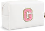 Personalized Initial Preppy Makeup Bag Organizer, Small Travel Cute White Cosmetic Bag Toiletry Zipper Pouch, Portable Waterproof PU Leather Monogram Makeup Case for Teacher Graduation Gift(Letter G)