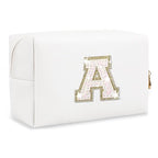 Small Initial Patch Makeup Bag Personalized Gifts Make Up Bag,White Cute PU Leather Glitter Letter Cosmetic Bag with Zipper,Trendy Portable Travel Toiletry Pouch,Preppy Stuff for Teen Girls Women A
