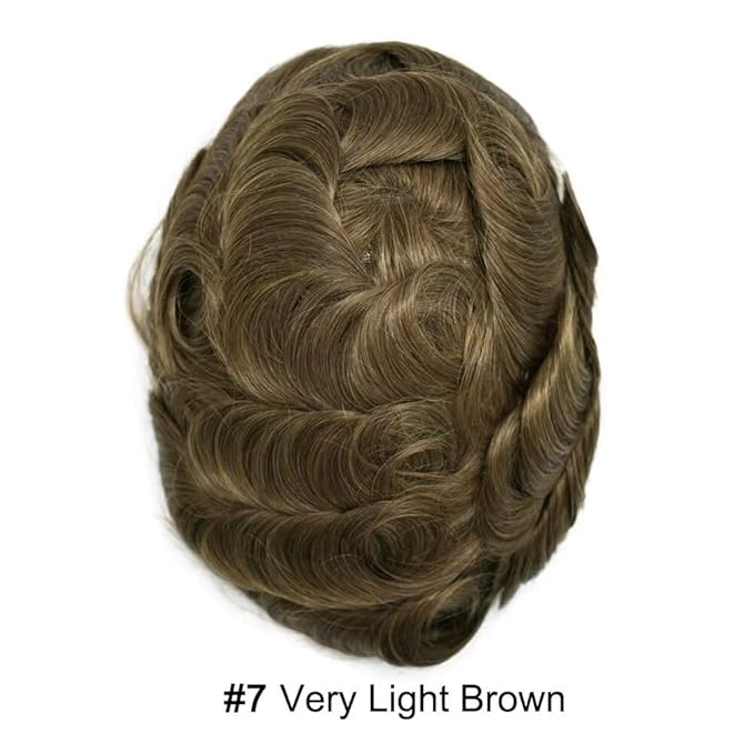 FACE MIRACLE Toupee for Men Lace Center Mens Toupee Hairpiece for Man Human Hair Replacement System Lace Center with Poly around Hair Units Mens Wig Hair Prosthesis 6"X9" 7# VERY LIGHT BROWN