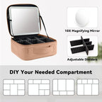 Travel Makeup Bag with LED Mirror and 10x magnifying glass with 3 Lighted Settings, Adjustable Dividers and Makeup Brush Storage Bag Khaki