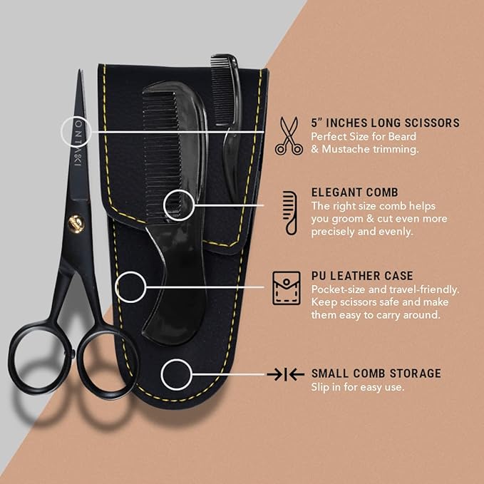 Ontaki Mustache Scissors for Men - 5-Inch, Black - German High-Carbon Steel Bevel-Edge for Precision - Beard Trimming Scissors - Includes Grooming Kit with Mustache & Beard Combs & Carrying Pouch