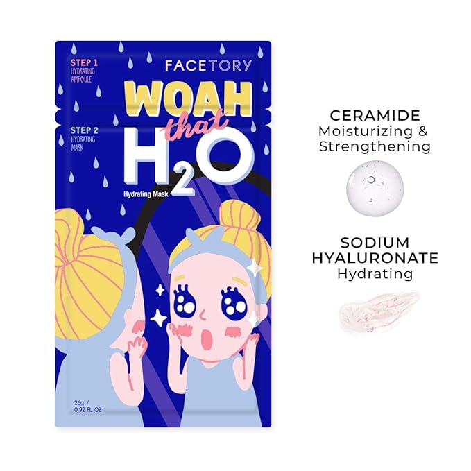FACETORY K Beauty Face Mask Skin Care - Woah That H2O 2-Step Sheet Mask with Ceramide & Sodium Hyaluronate | Moisturizing, Balancing (5 Pack)