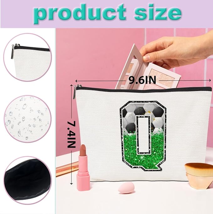 Soccer Gifts Initial Makeup Bag Monogrammed Cosmetic Bag Letter Q Zipper Pouch Soccer Accessories for Girls Women Player Coach Friend Stuff Graduation Birthday Gifts