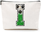 Soccer Gifts Initial Makeup Bag Monogrammed Cosmetic Bag Letter I Zipper Pouch Soccer Accessories for Girls Women Soccer Player Coach Friend Soccer Stuff Graduation Birthday Gifts