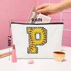 Softball Gifts Initial Monogrammed Cosmetic Bag Yellow Letter P Zipper Pouch for Girls Women Softball Player Coach Friend Graduation Birthday Gifts