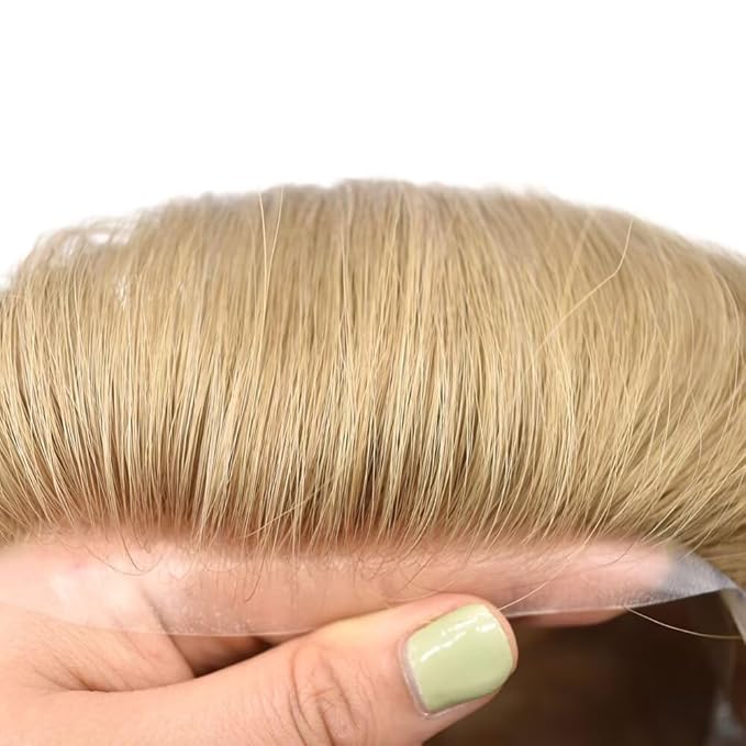 Toupee for Men French Lace Center Human Hair Replacement Systems Transparent Lace Center Hair Piece Mens Toupee Hair Units for Man V-Looped Front Male Hair Prosthesis 6"X8" #20 light ash blonde