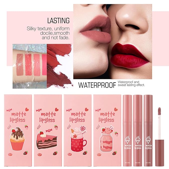 3Pcs Nude Matte Lipstick Set, Ice Cream Velvet Smooth Matte Lip Gloss, 24 Hour Natural Long Lasting & Nourishing Lip Glaze Non-stick Cup for Women Makeup (Set D)
