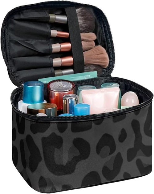 Black Grey Animal Cheetah Leopard Pattern Makeup Bags for Women Large Capacity Travel Organizer Storage Toiletry Pouch with Zipper and Carry Handle Portable Cosmetic Bag
