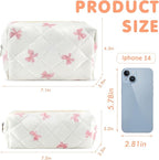 2Pcs Cotton Quilted Makeup Bag for Women Small Coquette Cosmetic Bags Cute Zipper Pink Bow Makeup Pouch Aesthetic Portable Pencil Case Travel Toiletry Bag Trendy Cloth Skincare Bags