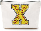 Softball Gifts Initial Makeup Bag Monogrammed Cosmetic Bag Letter X Zipper Pouch Softball Accessories for Girls Women Softballs Player Coach Friend Softballs Stuff Graduation Birthday Gifts