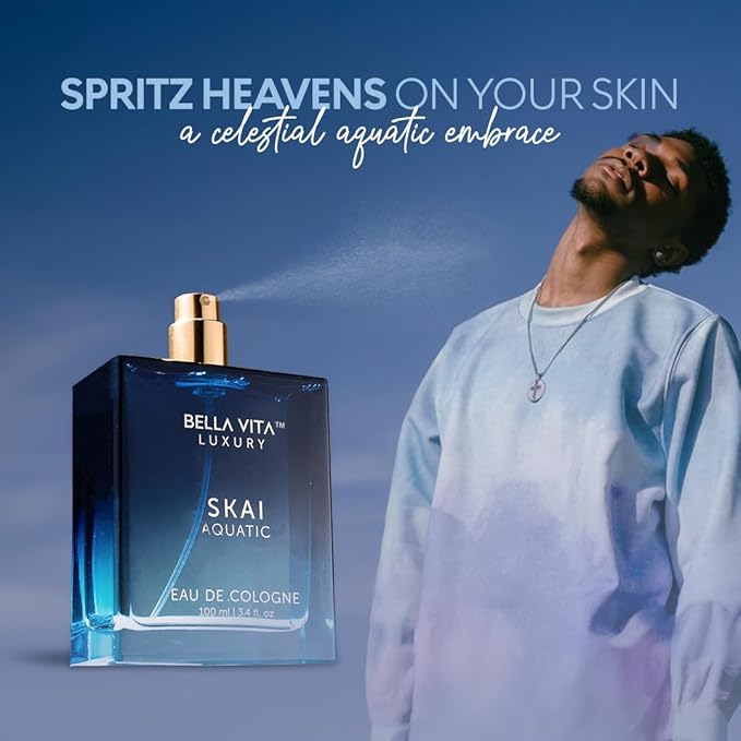 BellaVita Luxury SKAI Aquatic Unisex Cologne (3.48 fl.oz) Gift | Unisex Fresh Cologne Perfume | Long-Lasting Body Mist with Bergamot & Pink Pepper | Clean, Natural & Cruelty-Free Vanilla Perfume