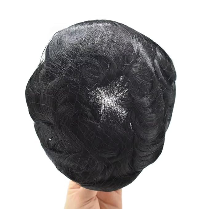 FACE MIRACLE Toupee for Men French Lace Hairpiece Human Hair Replacement System Skin PU Mens Toupee Hair Wigs for Man V-Looped Front Hair Prosthesis 6"X9" #1B10 1B# OFF BLACK WITH 10% SYNTHETIC GREY