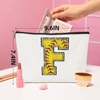 Initial Makeup Bag Monogrammed Cosmetic Bag Yellow Letter F Zipper Pouch Softball Accessories for Girls Women Player Coach Friend Graduation Birthday Gifts