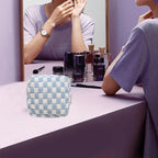 Small Blue Makeup Bag for Purse, Mini Checkered Cosmetic Bag Zipper Cute Make Up Pouch Travel Toiletry Case Quilted Aesthetic Accessories Makeup Storage Bag Organizer for Women Girls