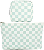 Checkered Makeup Bag, Travel Cosmetic Bag Organizer Toiletry Bag Make Up Bags with Zipper & Compartments for Women Girls, 2PCS